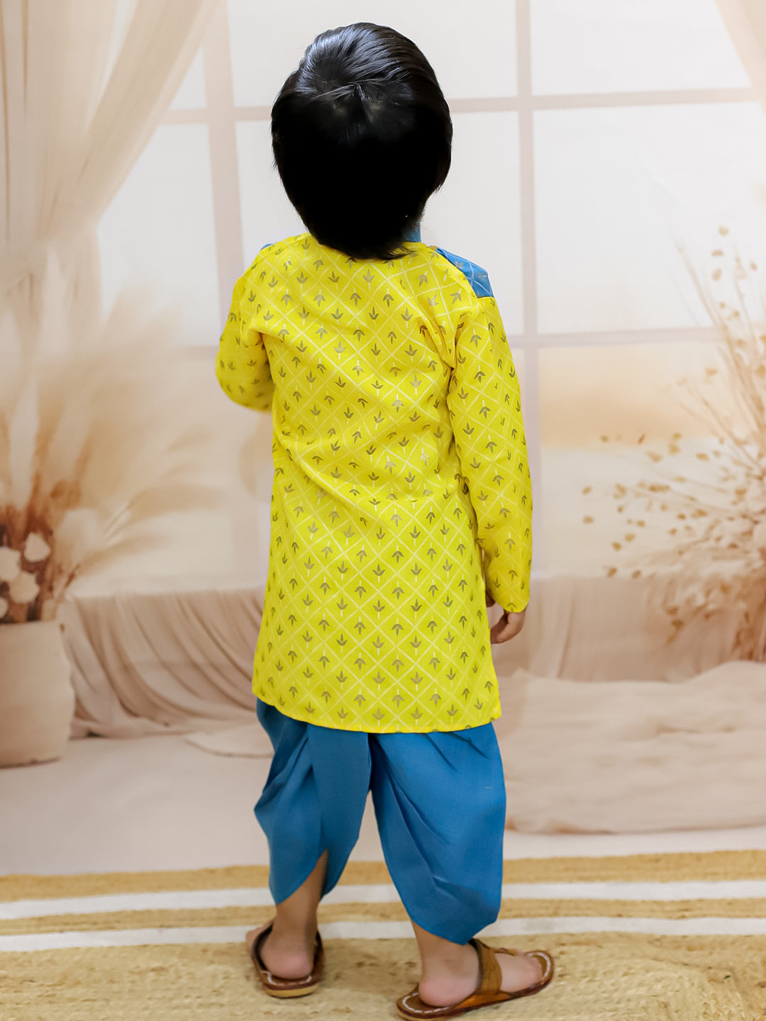 BownBee Cotton Foil Print Full Sleeve Cotton Dhoti Kurta For Girls - Yellow