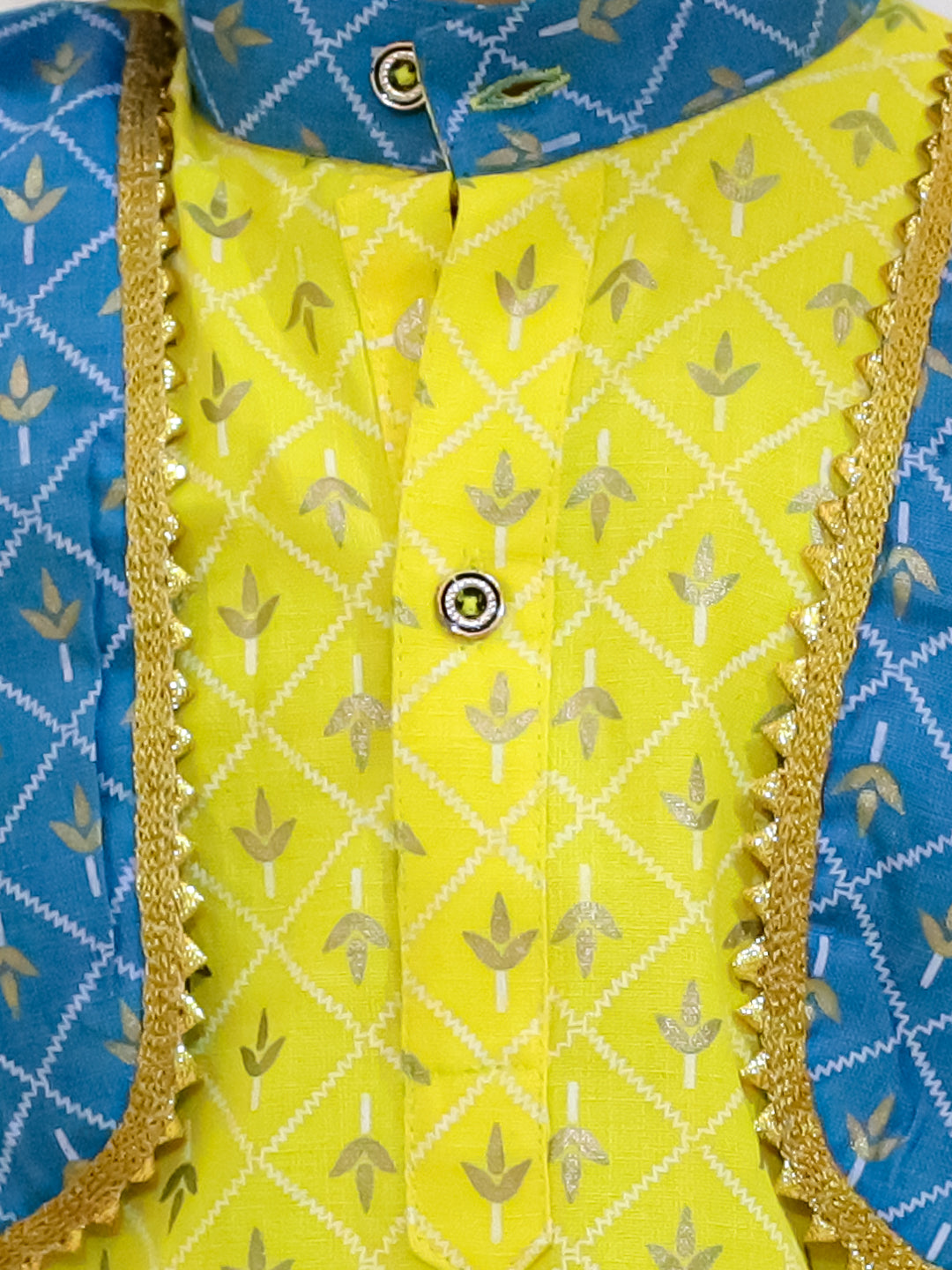 BownBee Cotton Foil Print Full Sleeve Cotton Dhoti Kurta For Girls - Yellow