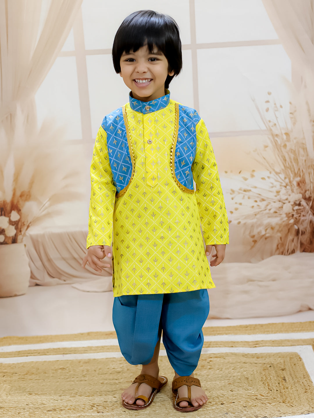 BownBee Cotton Foil Print Full Sleeve Cotton Dhoti Kurta For Girls - Yellow