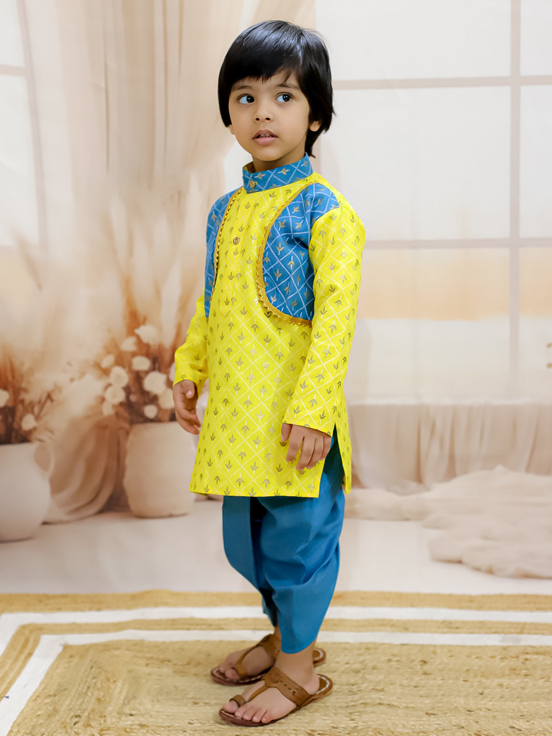 BownBee Cotton Foil Print Full Sleeve Cotton Dhoti Kurta For Girls - Yellow