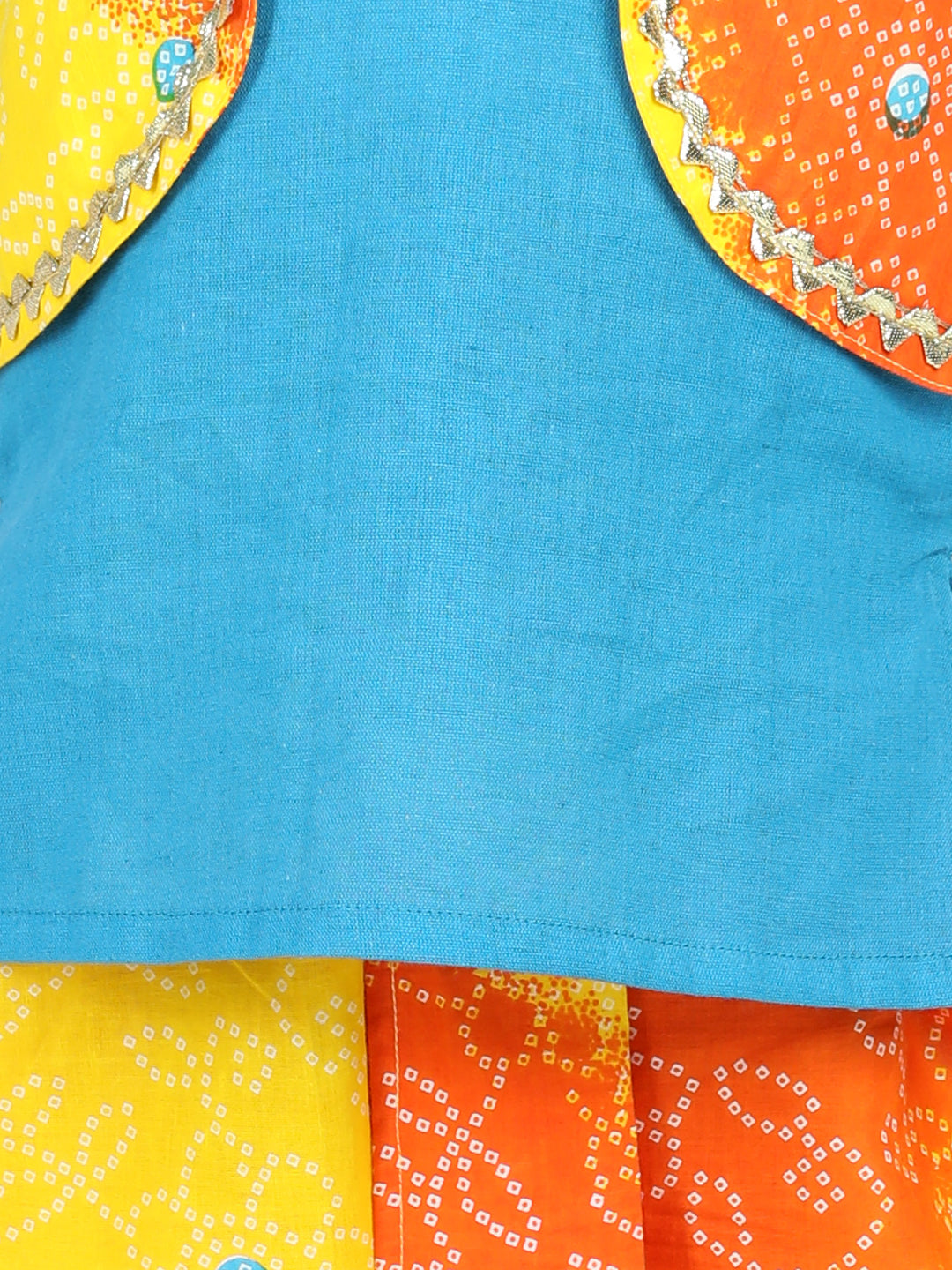 BownBee Sibling Set Attached Jacket Cotton Dhoti Kurta for Boys- Blue with Bandhani Print Cotton Top with Dhoti for Girls- Orange