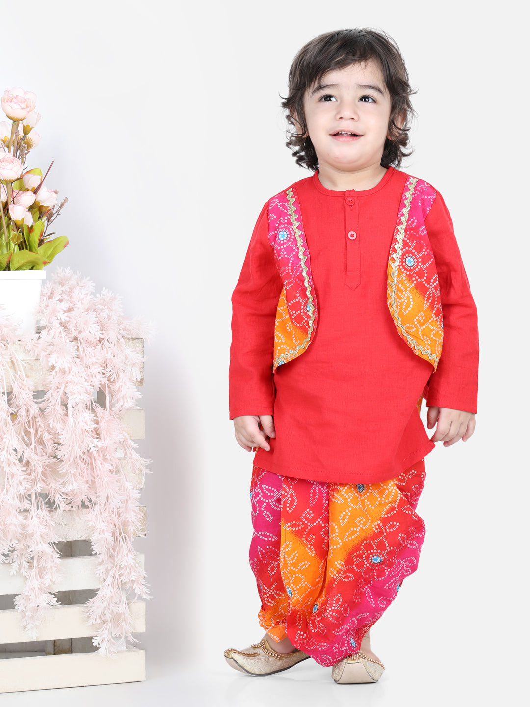 BownBee 100% Cotton Full Sleeves Bandhani Printed Attached Jacket Kurta Dhoti Sets