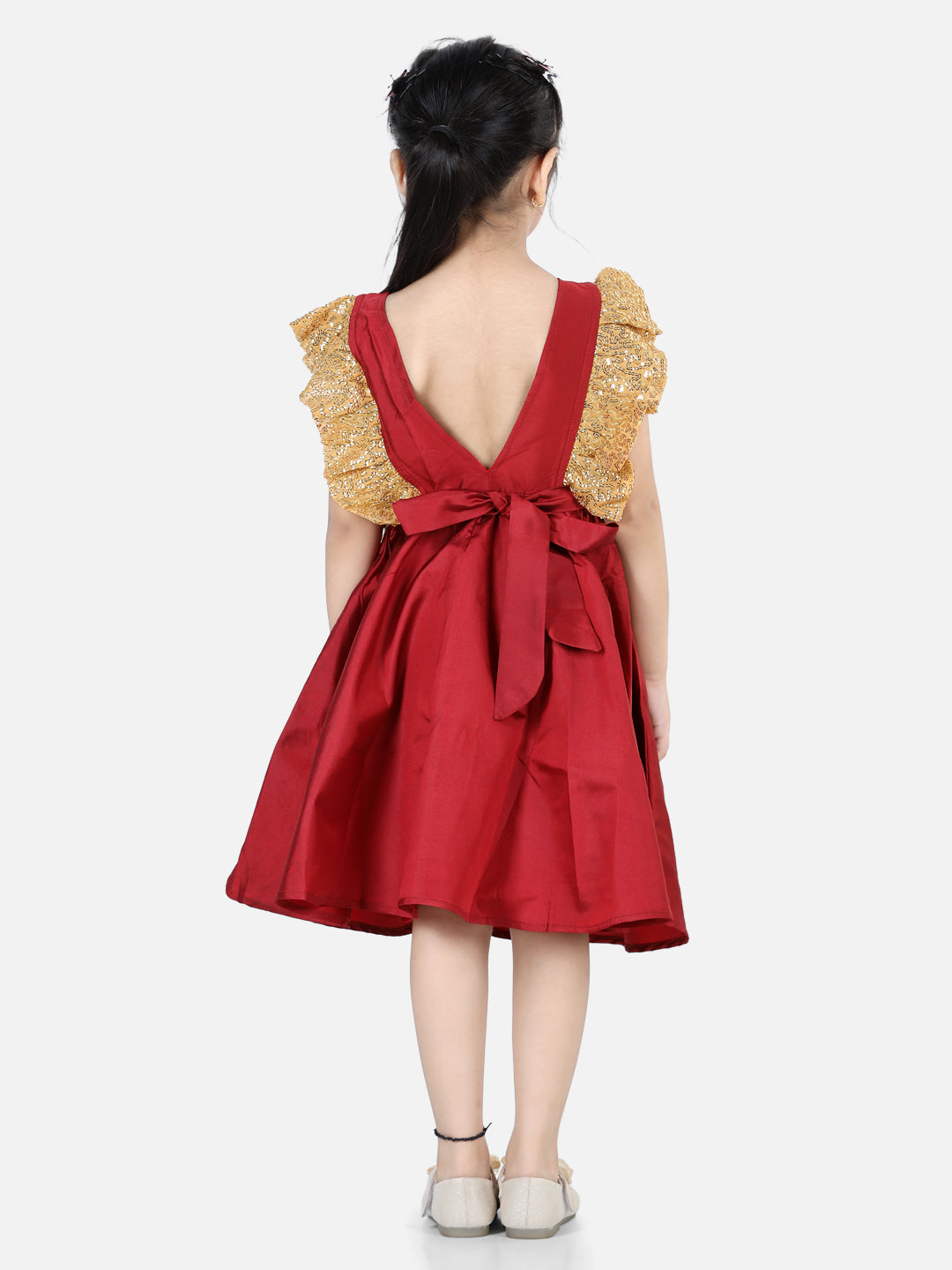 BownBee Sequin Frill Silk Blend Party Frock- Maroon