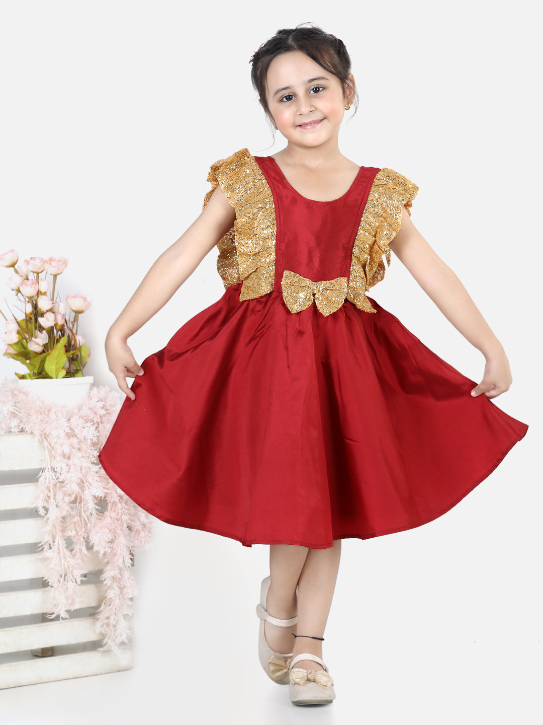 BownBee Sequin Frill Silk Blend Party Frock- Maroon