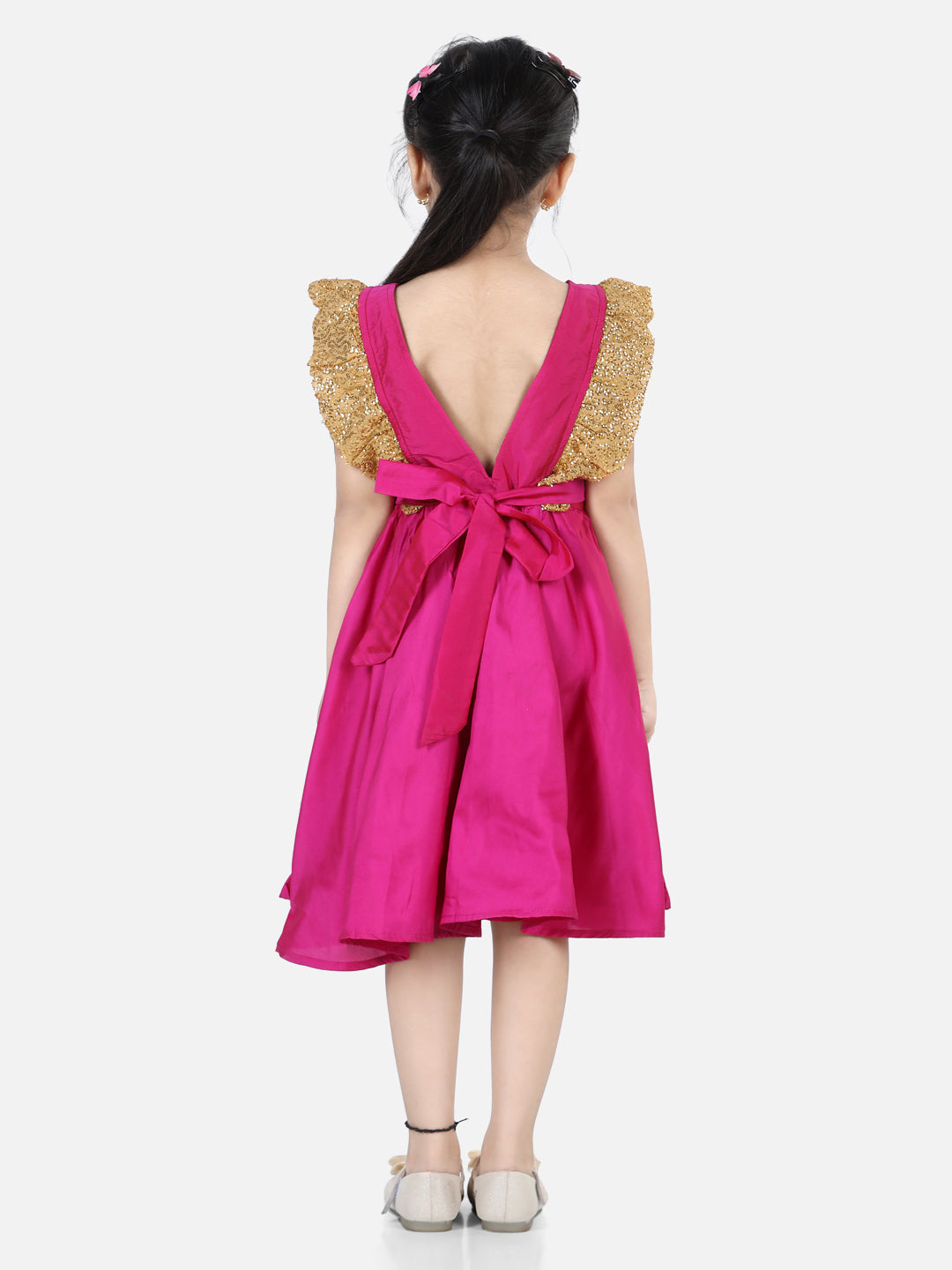 BownBee Sequin Frill Silk Blend Party Frock- Pink