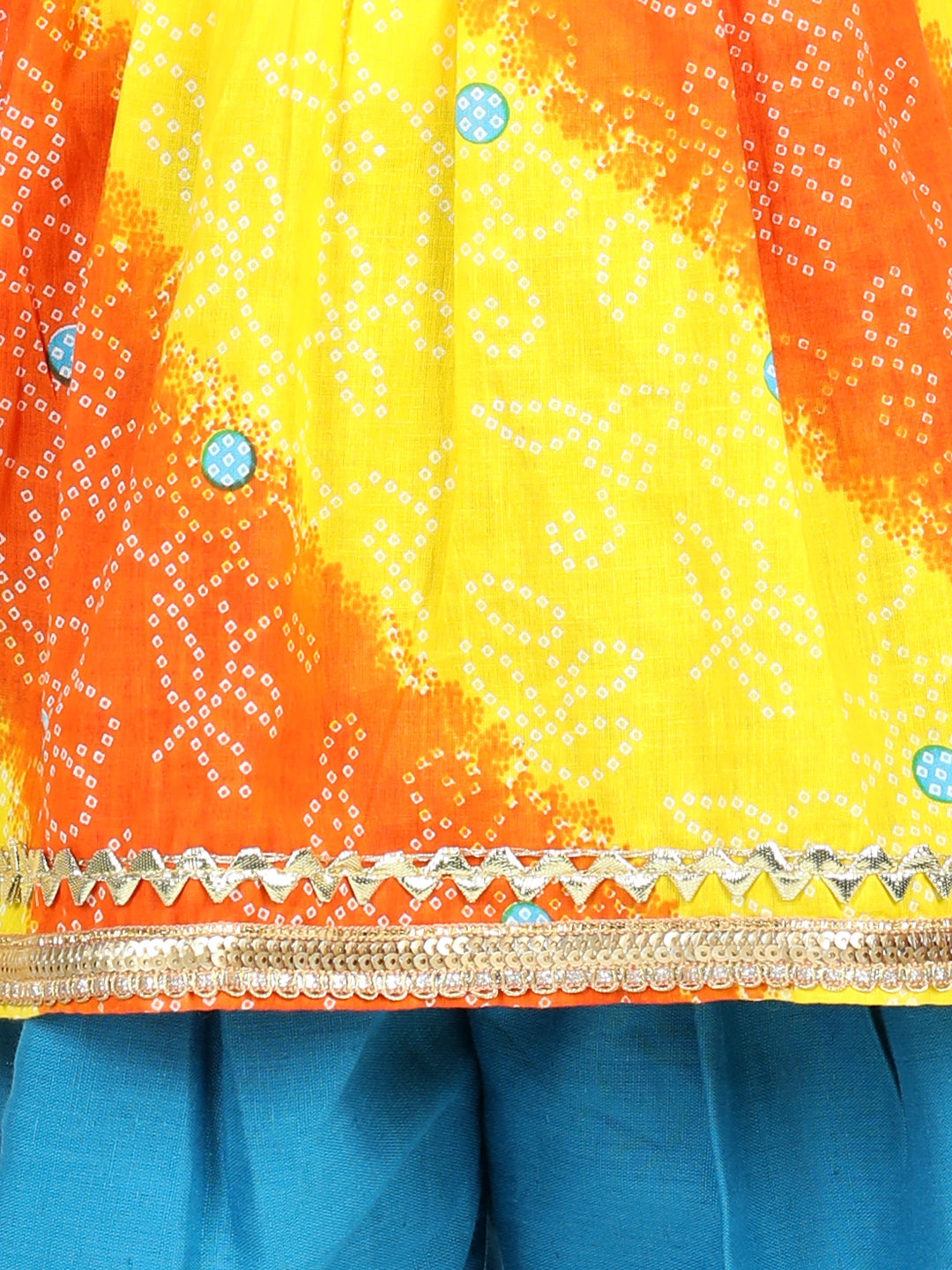 BownBee Sibling Set Attached Jacket Cotton Dhoti Kurta for Boys- Blue with Bandhani Print Cotton Top with Dhoti for Girls- Orange
