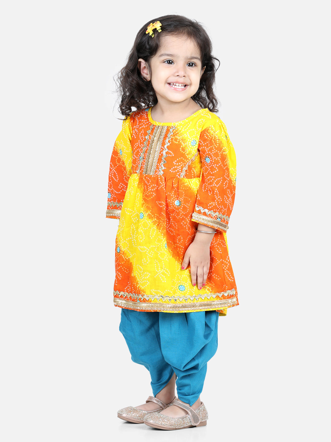 BownBee Sibling Set Attached Jacket Cotton Dhoti Kurta for Boys- Blue with Bandhani Print Cotton Top with Dhoti for Girls- Orange