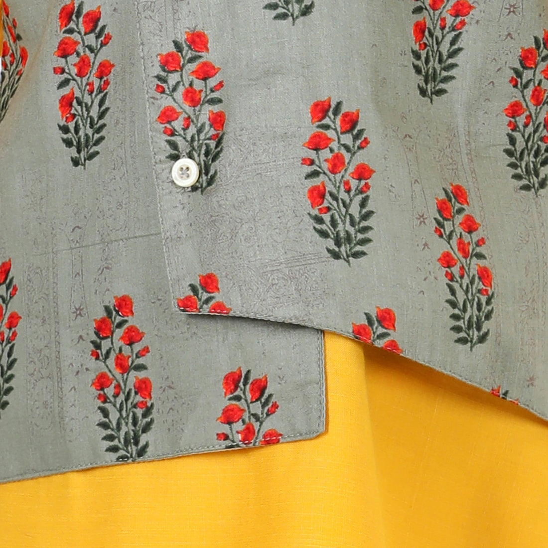 BownBee Printed Attached Jacket Cotton Kurta Pajama for Boys- Gray