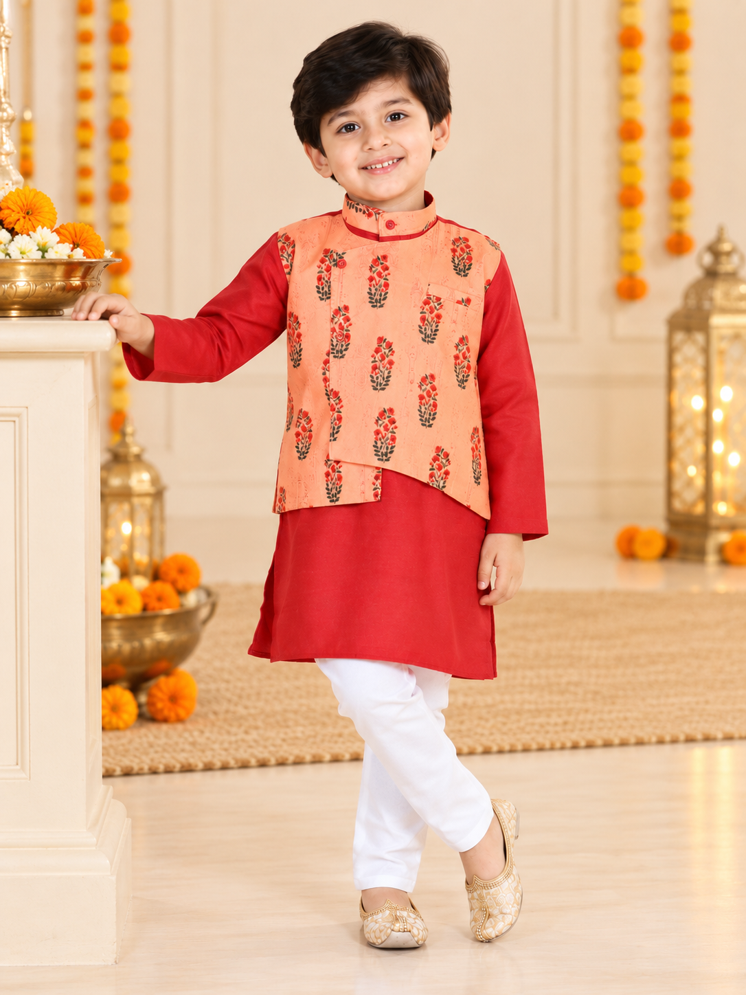 BownBee Full Sleeves Ethnic Floral Rose Motif Printed Kurta With Attached Jacket & Pyjama Set