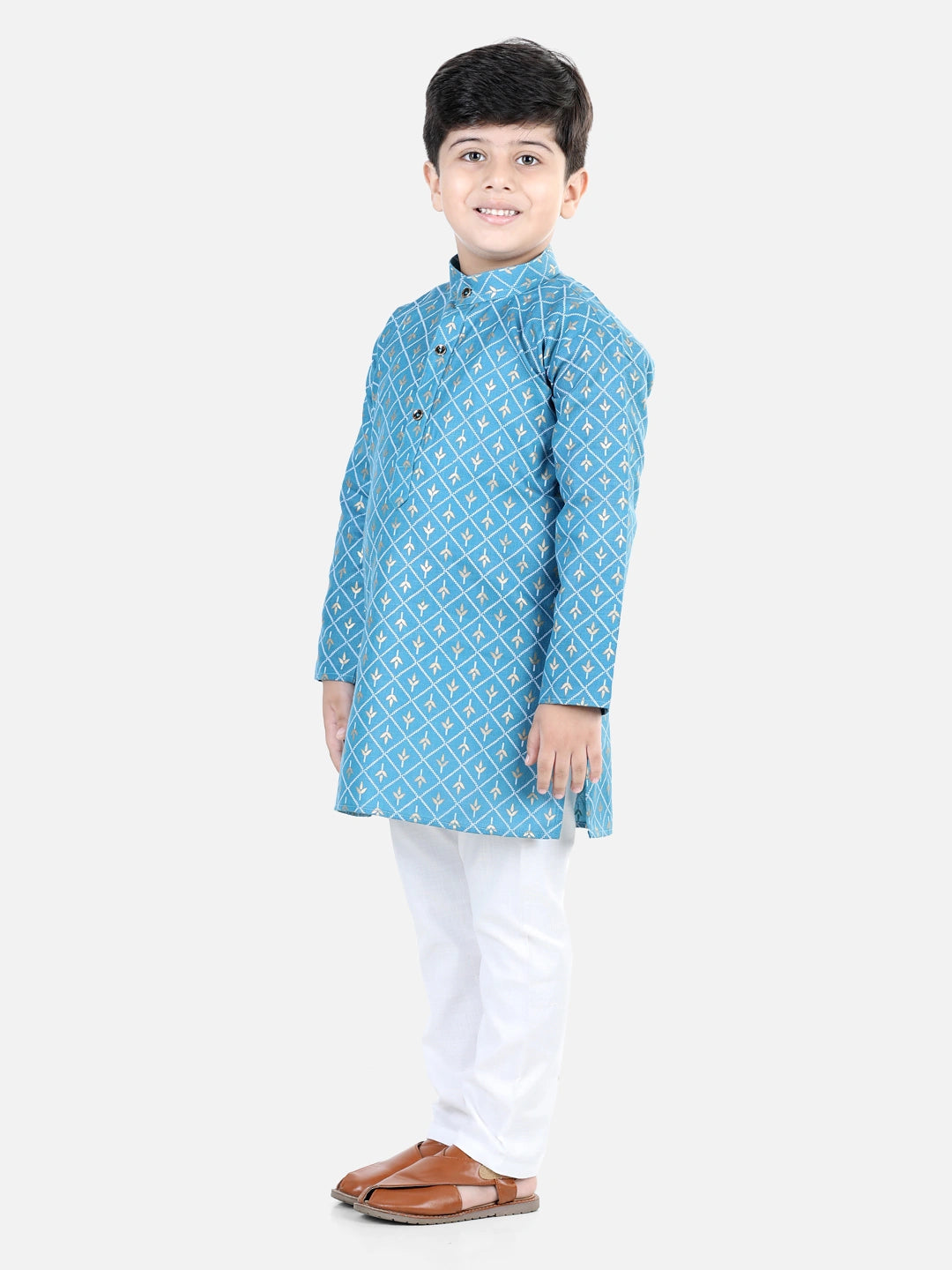 BownBee Full Sleeves Foil Motif Print Kurta With Pyjama Sets Blue