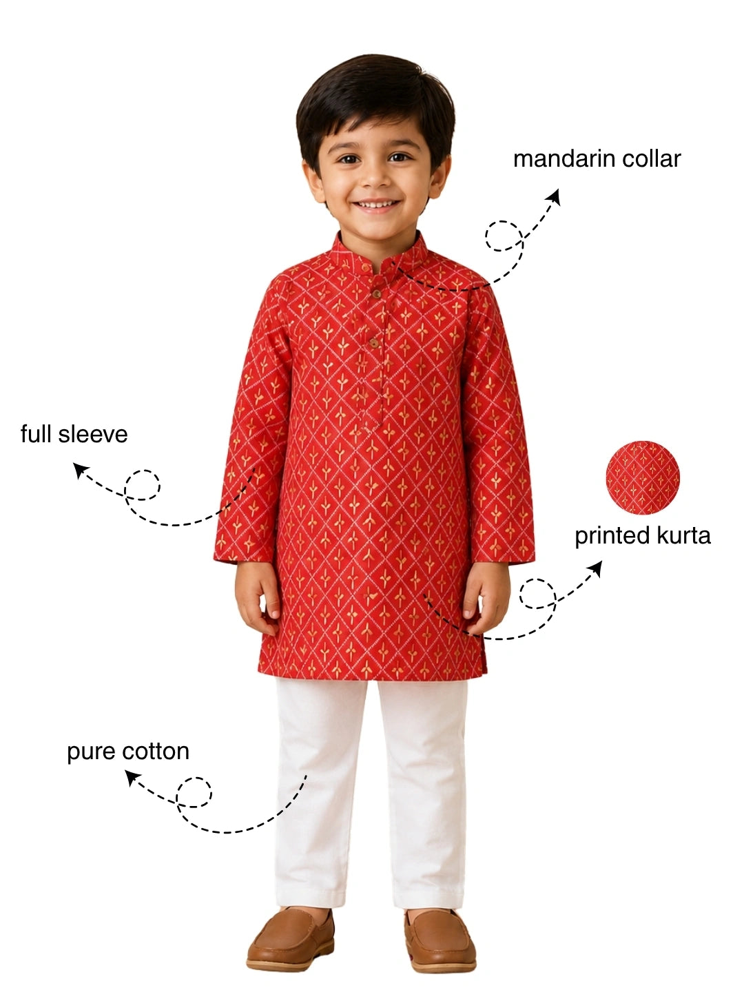 BownBee Foil Print Full Sleeve Cotton Kurta Pajama For Boys