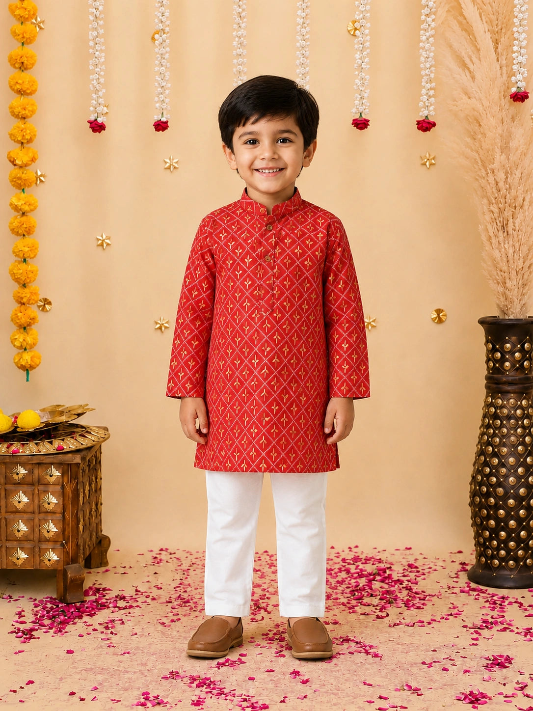 BownBee Foil Print Full Sleeve Cotton Kurta Pajama For Boys