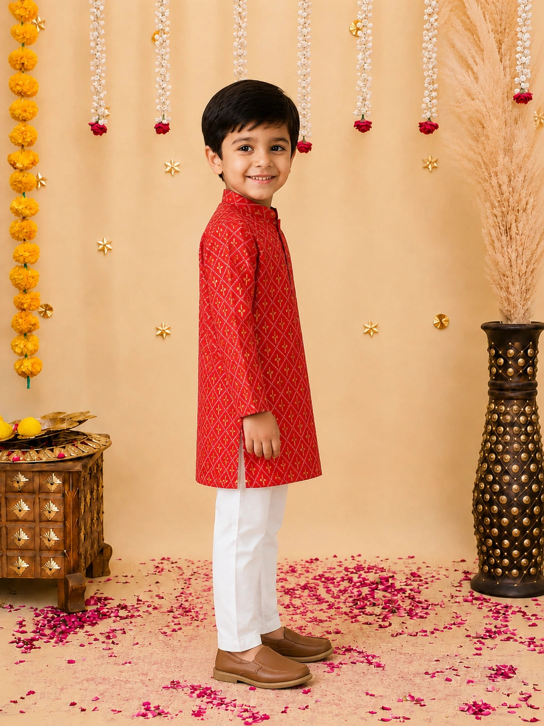 BownBee Foil Print Full Sleeve Cotton Kurta Pajama For Boys