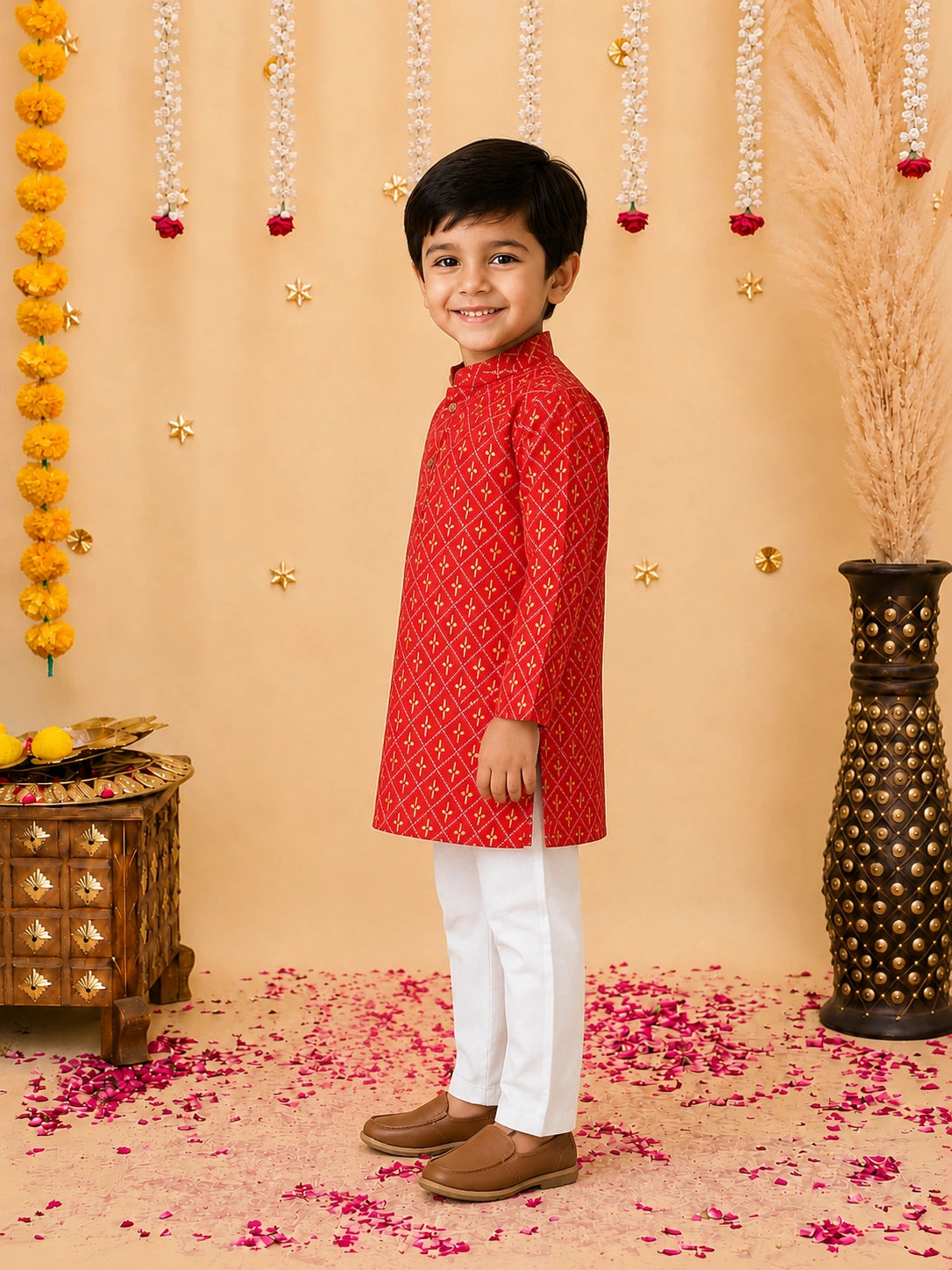 BownBee Foil Print Full Sleeve Cotton Kurta Pajama For Boys