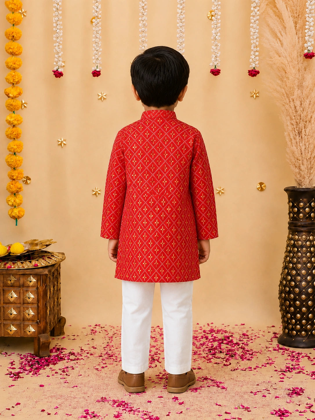 BownBee Foil Print Full Sleeve Cotton Kurta Pajama For Boys