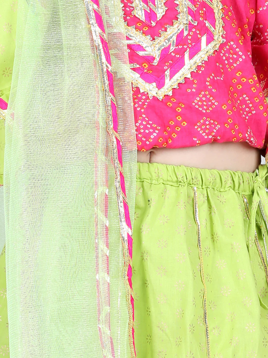 BownBee Three Fourth Bell Sleeves Lace Embellished Bandhej Choli With Flared Flower Motif Printed Lehenga  Dupatta