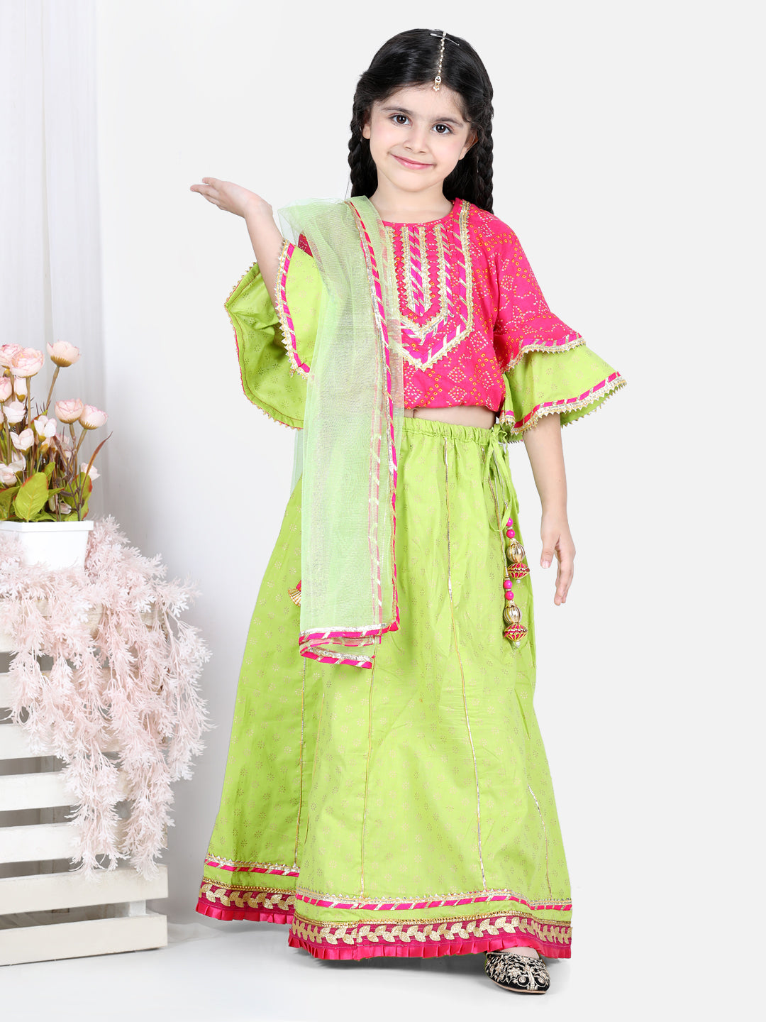 BownBee Sibling Set Foil Print Full Sleeve Cotton Dhoti Kurta- Maroon Printed Cotton Frill Sleeves Top Lehenga Dupatta for Girls- Pink