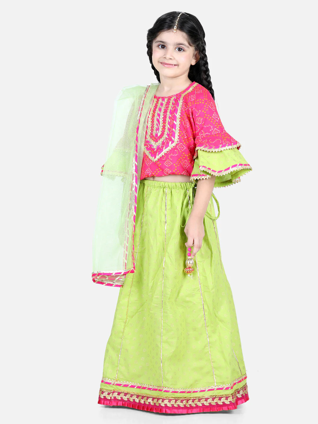 BownBee Three Fourth Bell Sleeves Lace Embellished Bandhej Choli With Flared Flower Motif Printed Lehenga  Dupatta