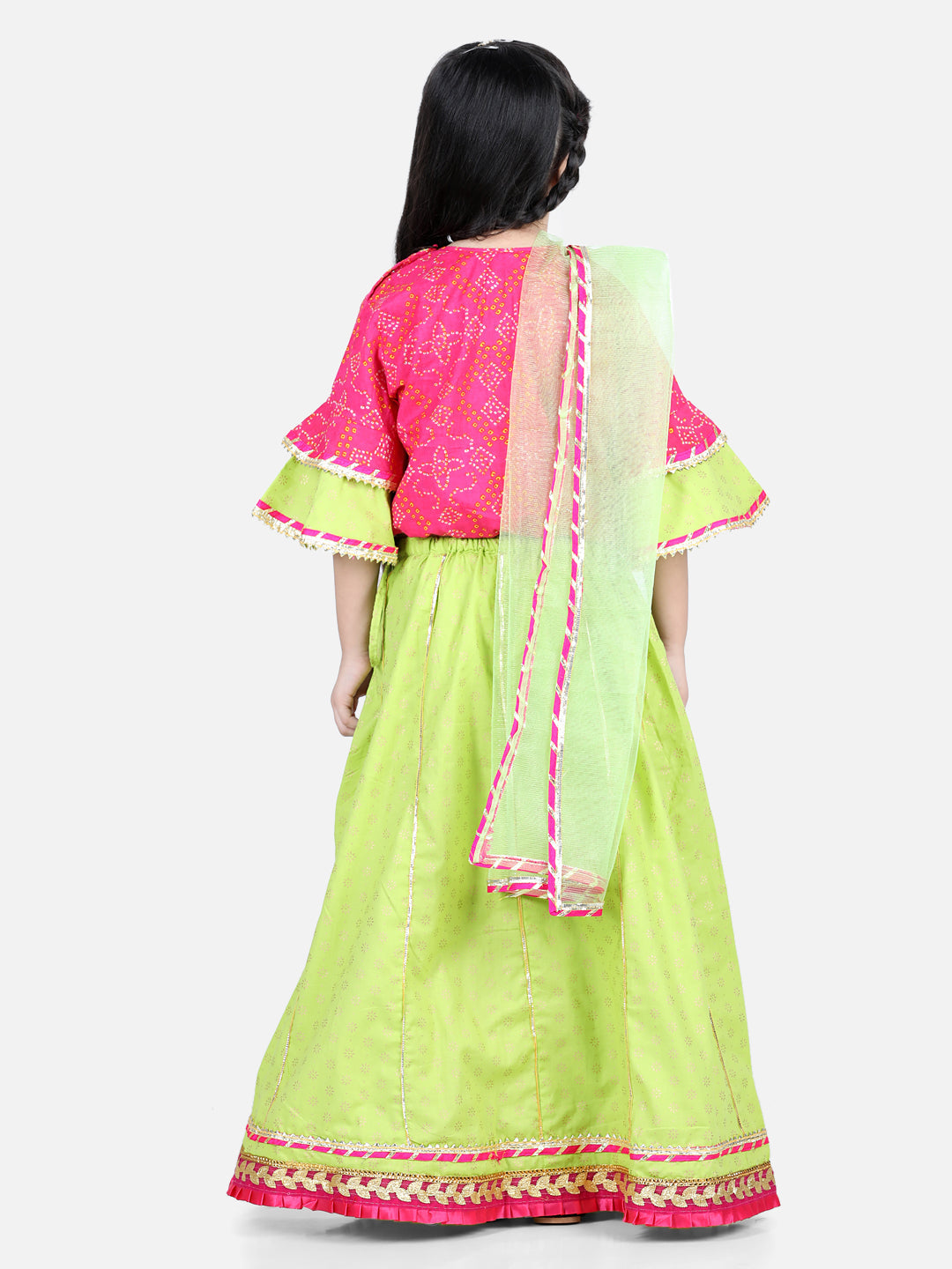 BownBee Three Fourth Bell Sleeves Lace Embellished Bandhej Choli With Flared Flower Motif Printed Lehenga  Dupatta