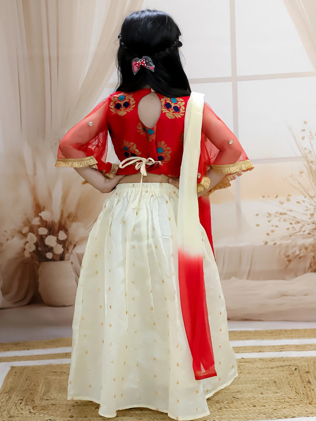 BownBee Jacquard Flared Sleeve Top with Silk Lehenga & Dupatta For Girls