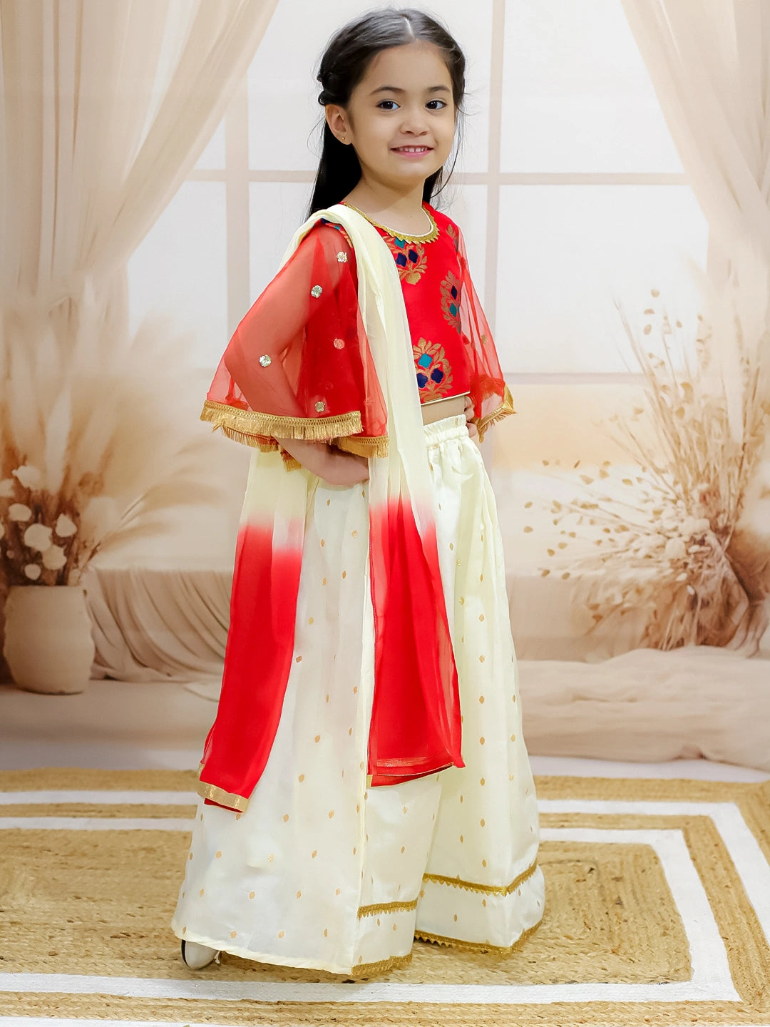BownBee Jacquard Flared Sleeve Top with Silk Lehenga & Dupatta For Girls
