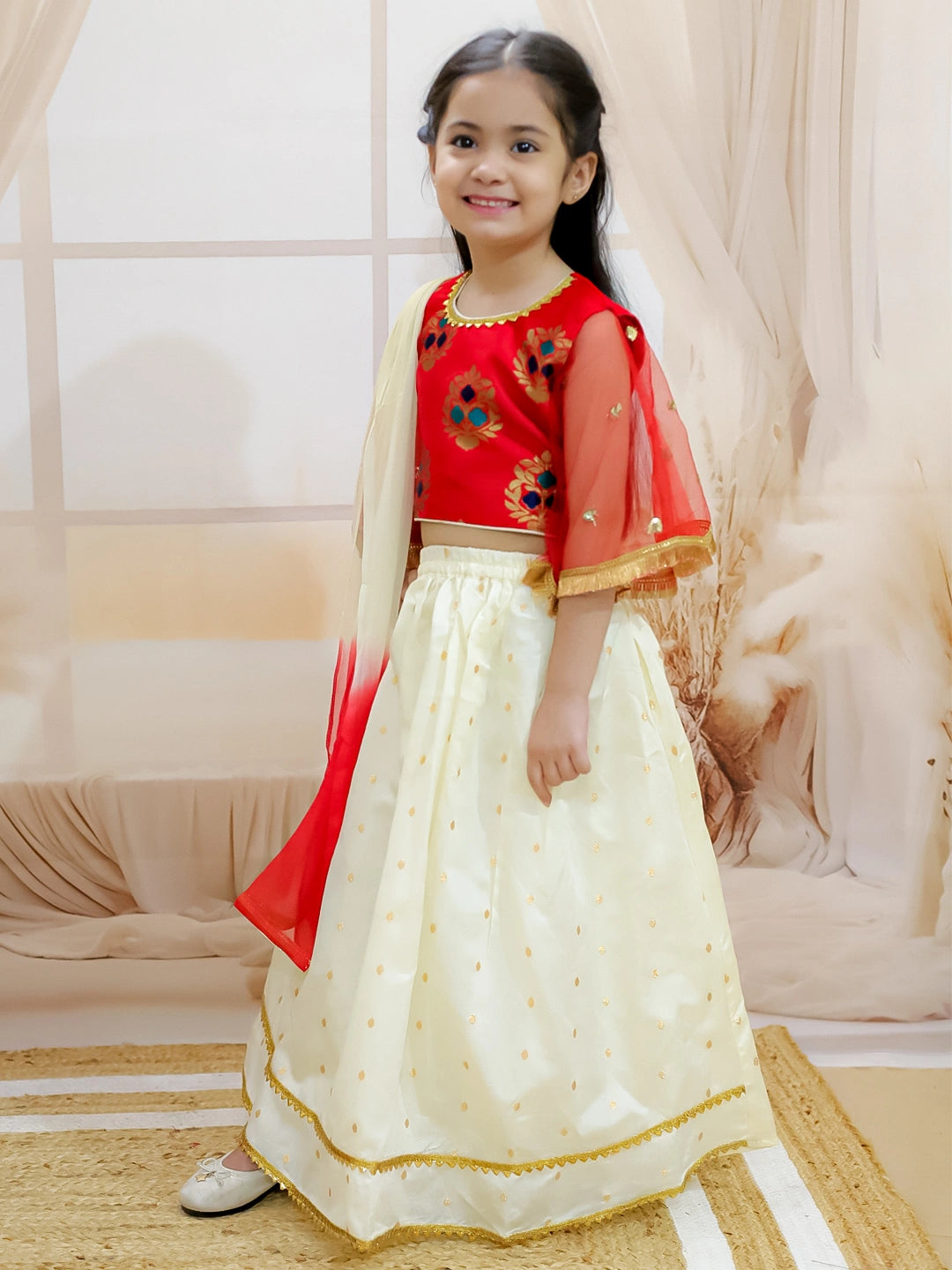 BownBee Jacquard Flared Sleeve Top with Silk Lehenga & Dupatta For Girls
