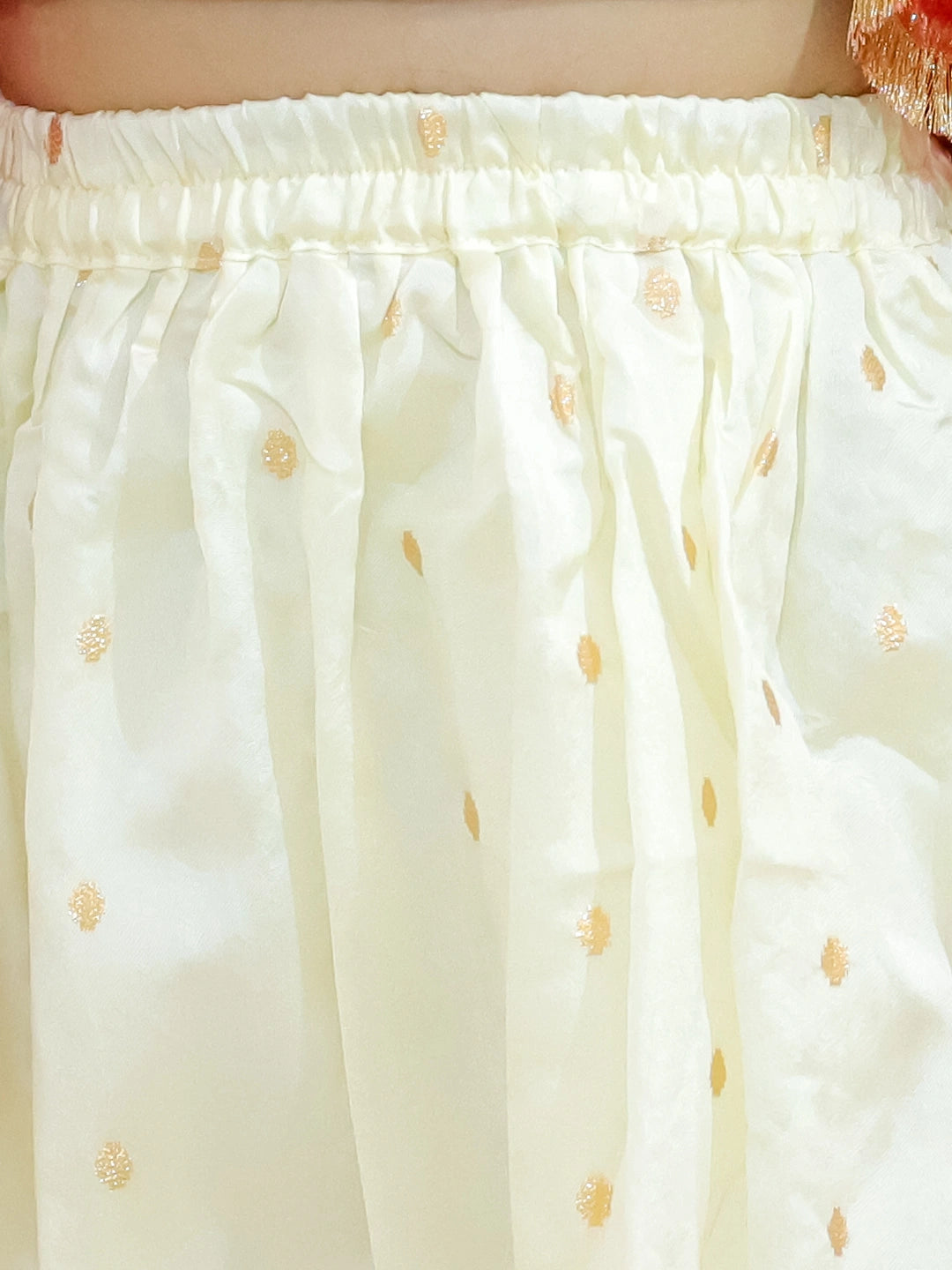 BownBee Jacquard Flared Sleeve Top with Silk Lehenga & Dupatta For Girls