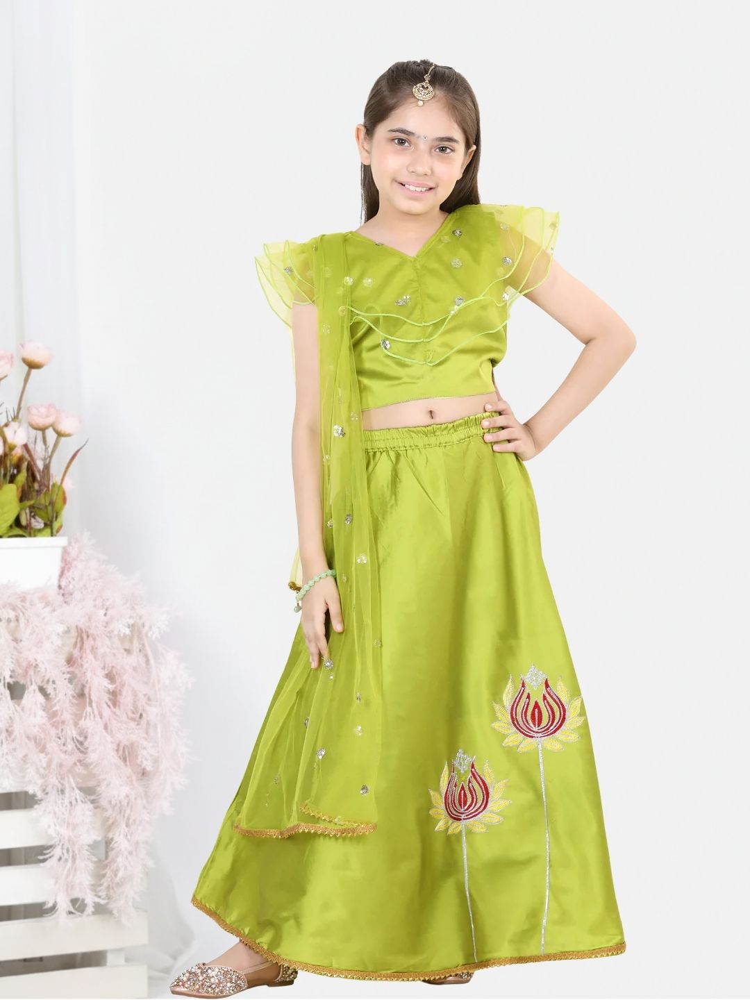 BownBee Lotus Embroidery Lehenga with Ruffle Sequin Top- Green