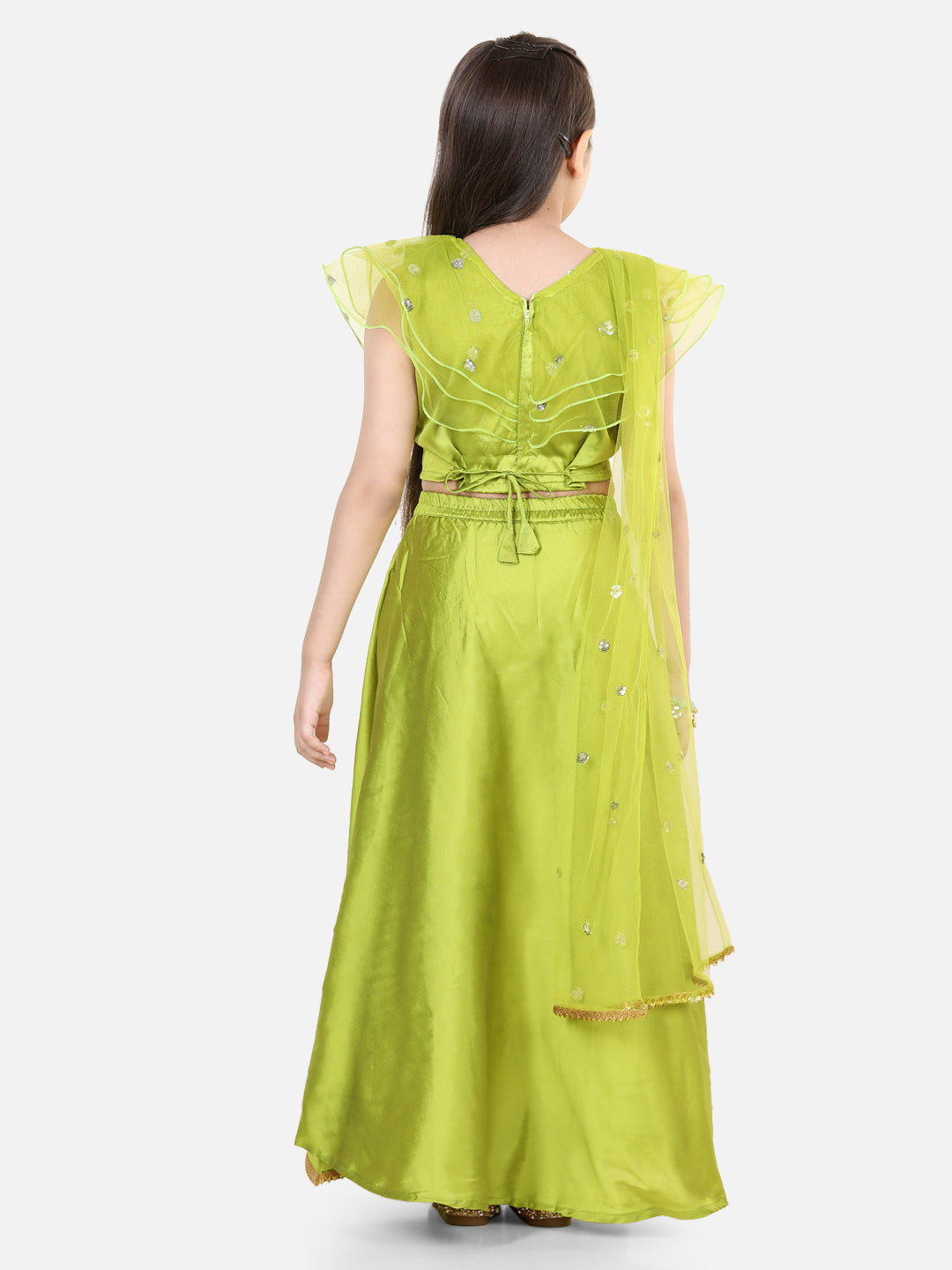 BownBee Lotus Embroidery Lehenga with Ruffle Sequin Top- Green