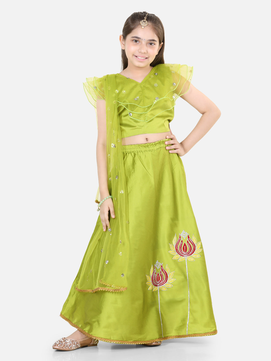 BownBee Lotus Embroidery Lehenga with Ruffle Sequin Top- Green