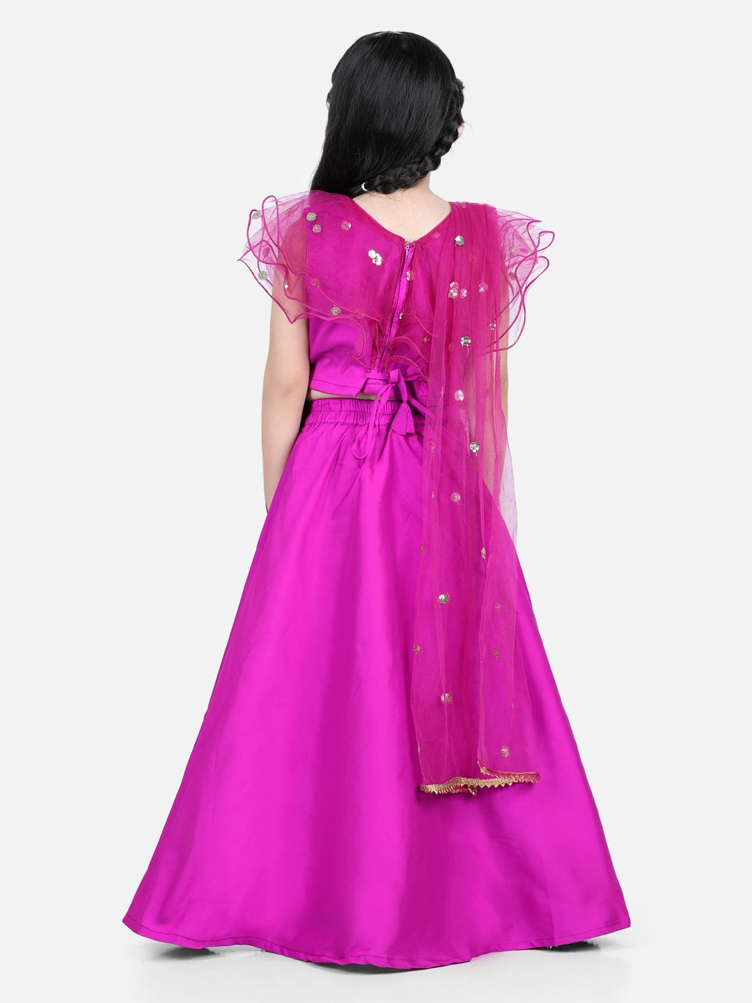 BownBee Lotus Embroidery Lehenga with Ruffle Sequin Top for Girls and Cotton Full Sleeve Cotton Kurta Pajama for Boys