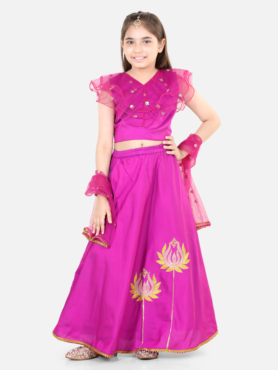 BownBee Lotus Embroidery Lehenga with Ruffle Sequin Top for Girls and Cotton Full Sleeve Cotton Kurta Pajama for Boys- Pink