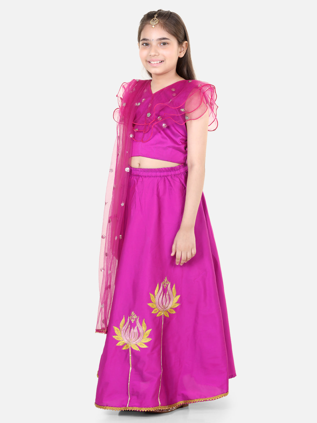 BownBee Lotus Embroidery Lehenga with Ruffle Sequin Top for Girls and Cotton Full Sleeve Cotton Kurta Pajama for Boys- Pink