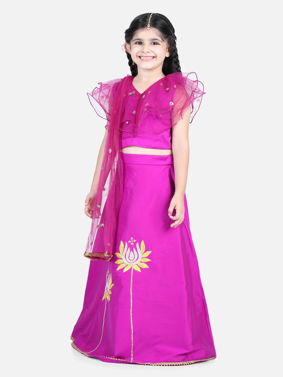 BownBee Lotus Embroidery Lehenga with Ruffle Sequin Top for Girls and Cotton Full Sleeve Cotton Kurta Pajama for Boys
