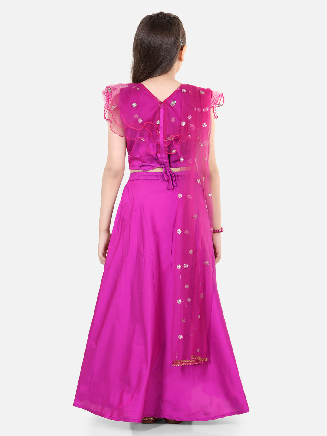 BownBee Lotus Embroidery Lehenga with Ruffle Sequin Top for Girls and Cotton Full Sleeve Cotton Kurta Pajama for Boys- Pink