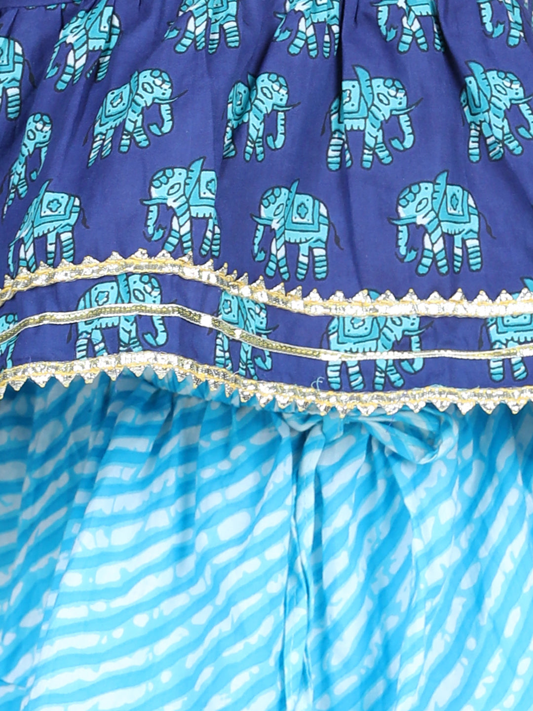BownBee Sleeveless Elephant Print Top With Leheriya Design Lehenga Sets - Blue