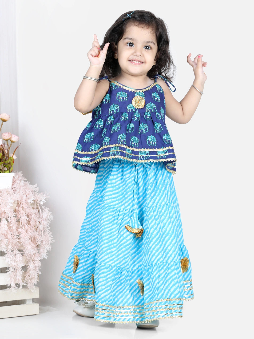 BownBee Sleeveless Elephant Print Top With Leheriya Design Lehenga Sets - Green