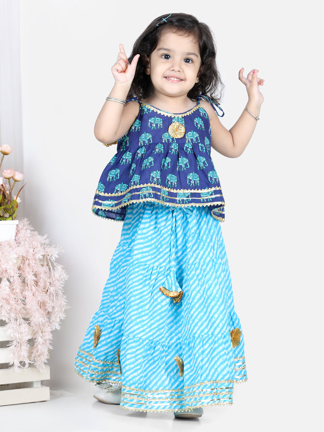 BownBee Sleeveless Elephant Print Top With Leheriya Design Lehenga Sets