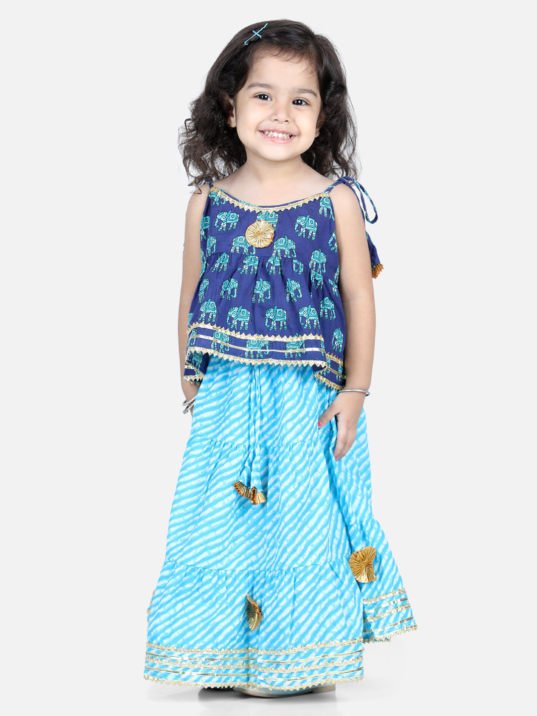 BownBee Sleeveless Elephant Print Top With Leheriya Design Lehenga Sets