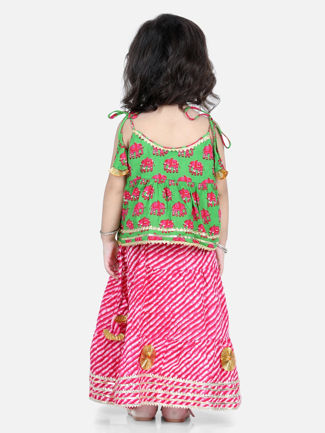BownBee Sleeveless Elephant Print Top With Leheriya Design Lehenga Sets - Green