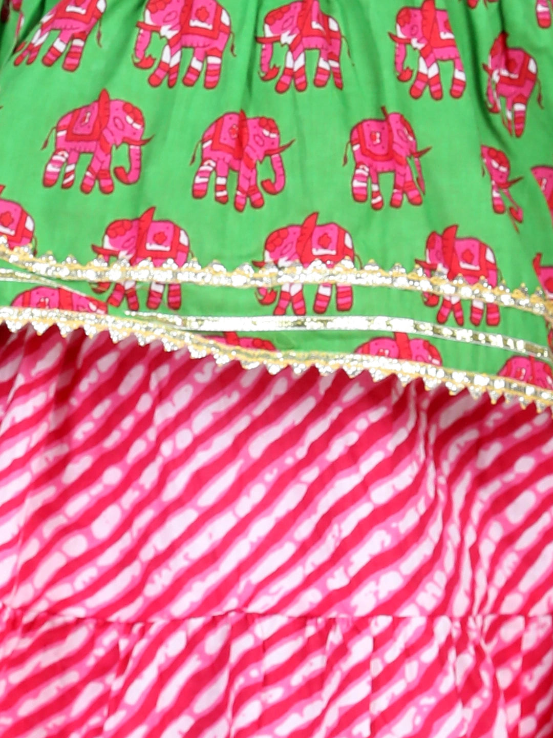 BownBee Sleeveless Elephant Print Top With Leheriya Design Lehenga Sets - Green