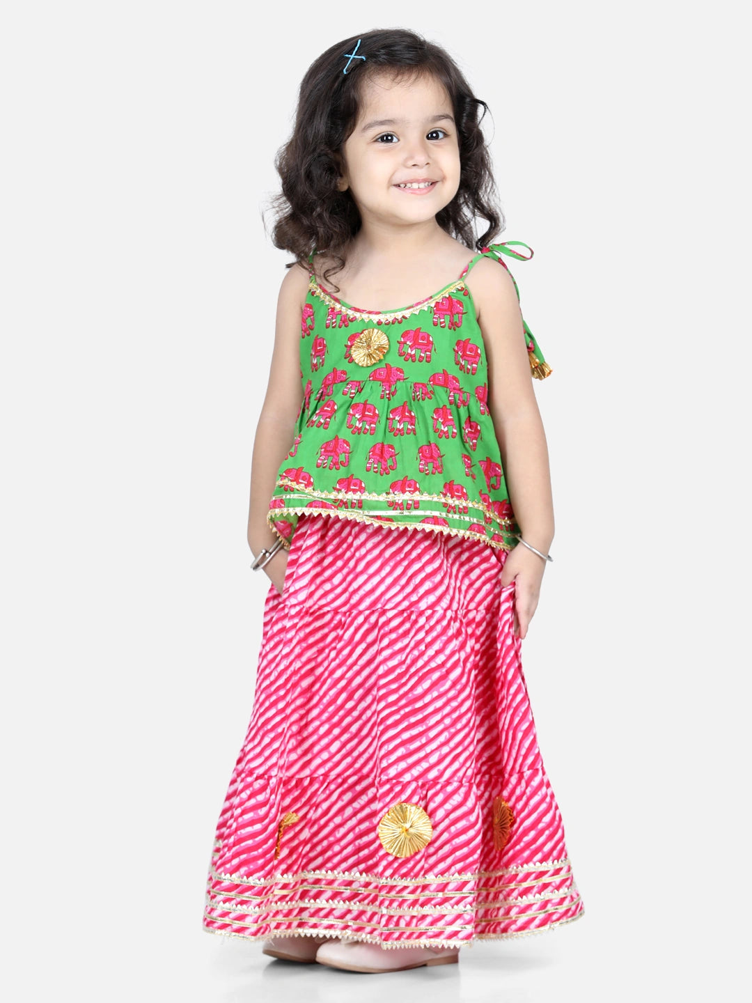 BownBee Sleeveless Elephant Print Top With Leheriya Design Lehenga Sets - Green