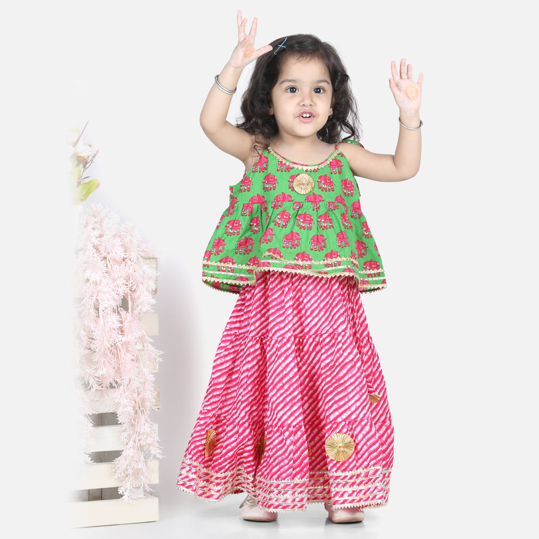 BownBee Sleeveless Elephant Print Top With Leheriya Design Lehenga Sets