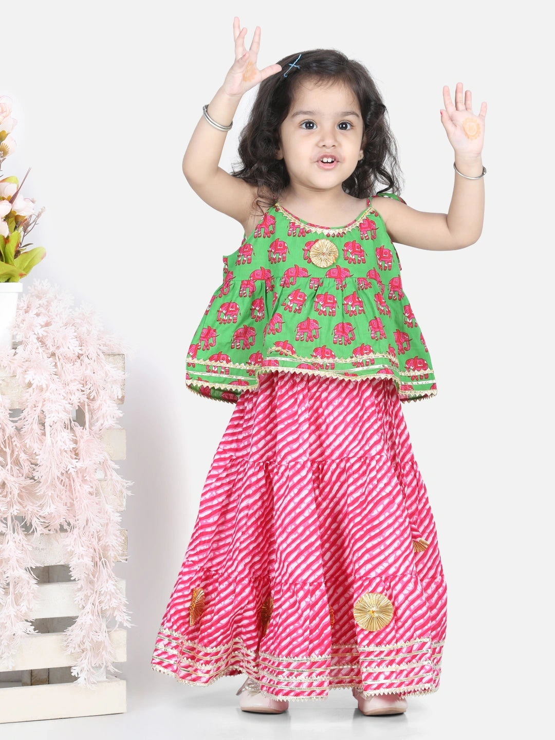 BownBee Sibling Sets Hathi Print Pure Cotton Choli  Leheriya Lehenga for Girls