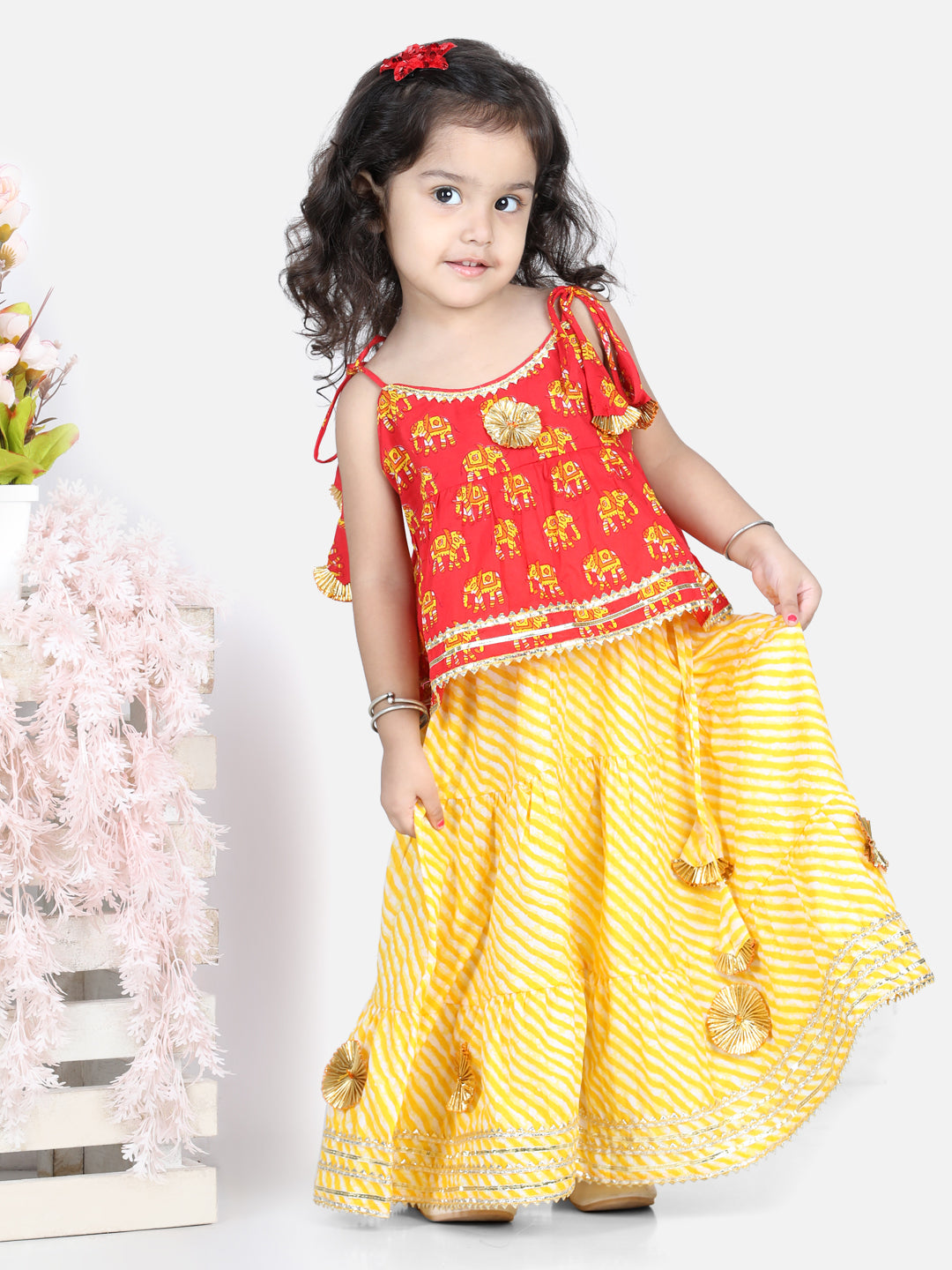 BownBee Sibling Sets Hathi Print Pure Cotton Choli  Leheriya Lehenga for Girls-and Dhoti Kurta for Boys Red