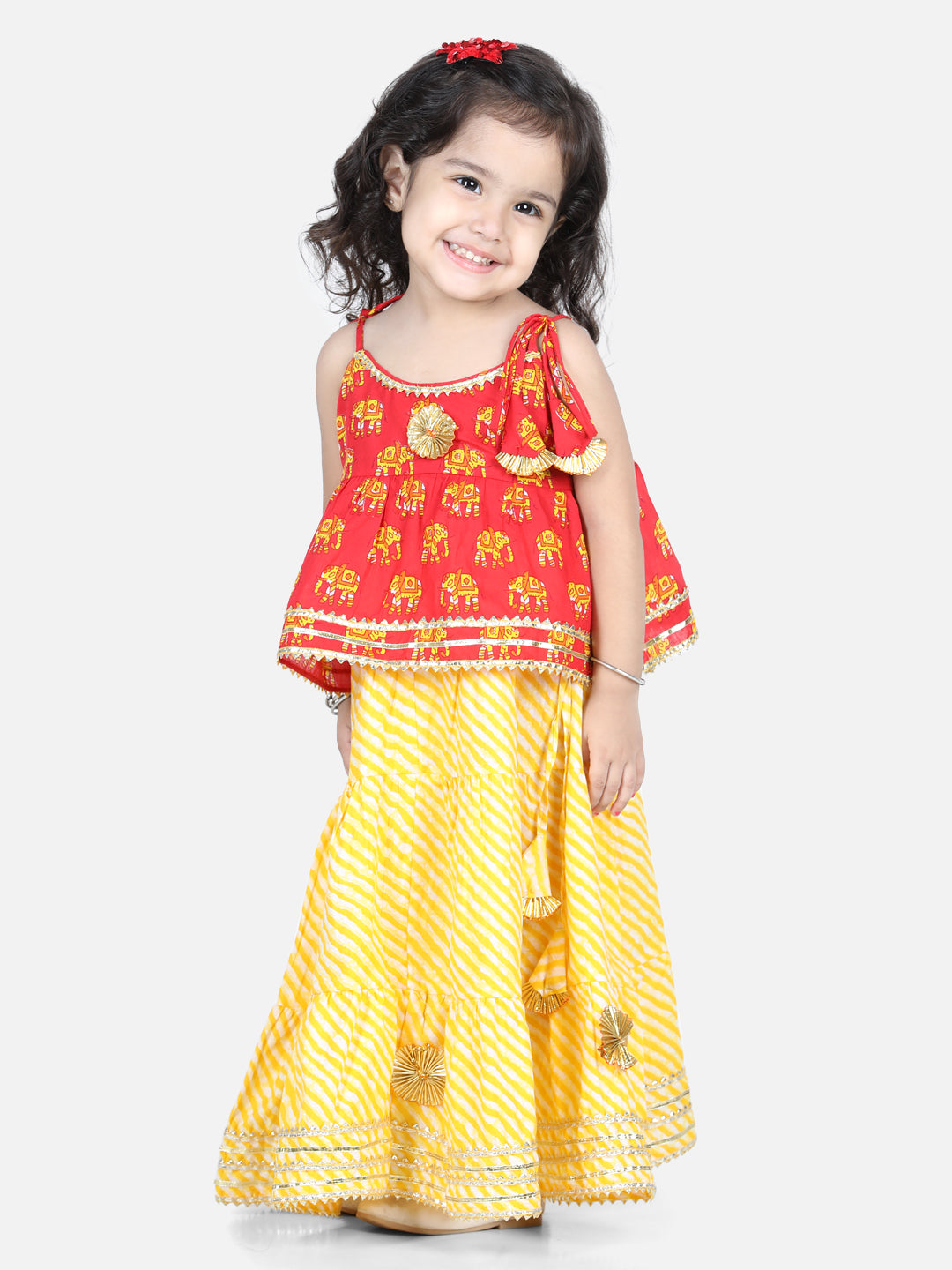 BownBee Sibling Sets Hathi Print Pure Cotton Choli  Leheriya Lehenga for Girls-and Dhoti Kurta for Boys Red