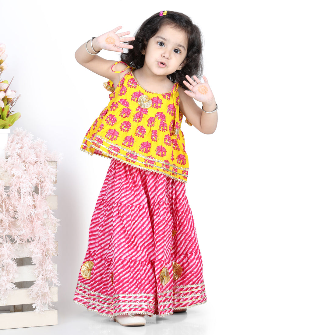 BownBee Sleeveless Elephant Print Top With Leheriya Design Lehenga Sets