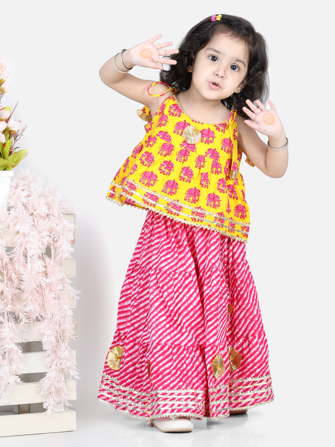 BownBee Sibling Sets Hathi Print Pure Cotton Choli  Leheriya Lehenga for Girls-and Dhoti Kurta for Boys Yellow