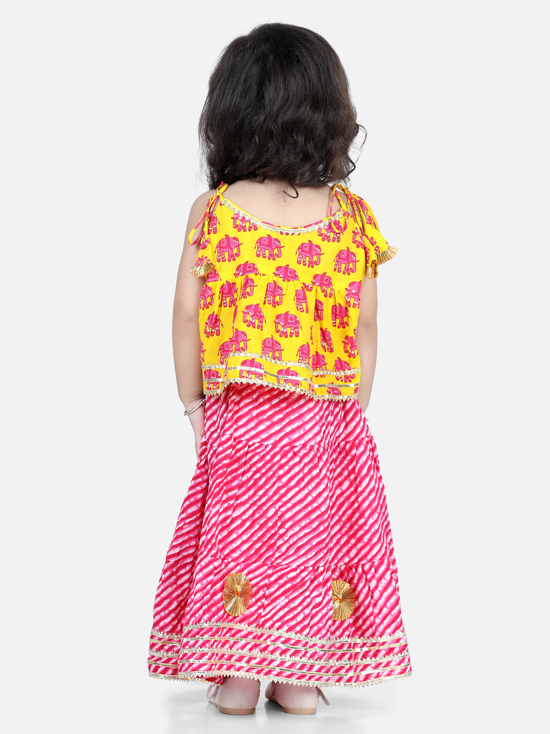 BownBee Sibling Sets Hathi Print Pure Cotton Choli  Leheriya Lehenga for Girls-and Dhoti Kurta for Boys Yellow