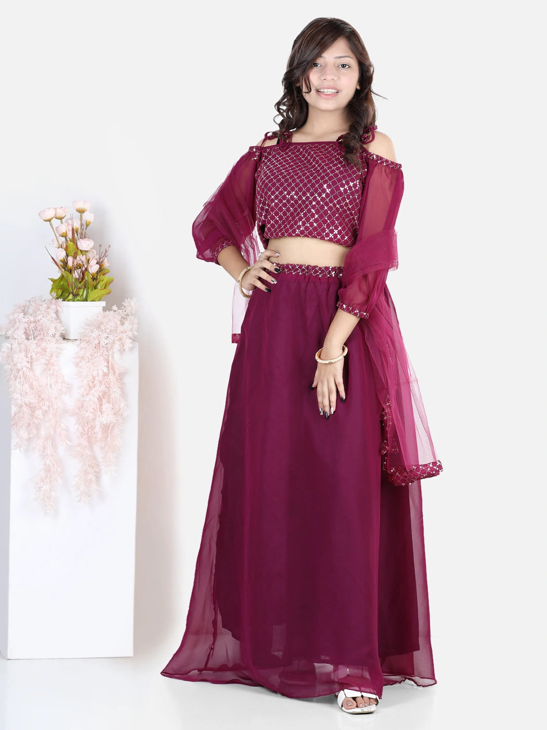 BownBee Three Fourth Cold Shoulder Sleeves Sequin Embellished Choli With Coordinating Lehenga  Dupatta Sets